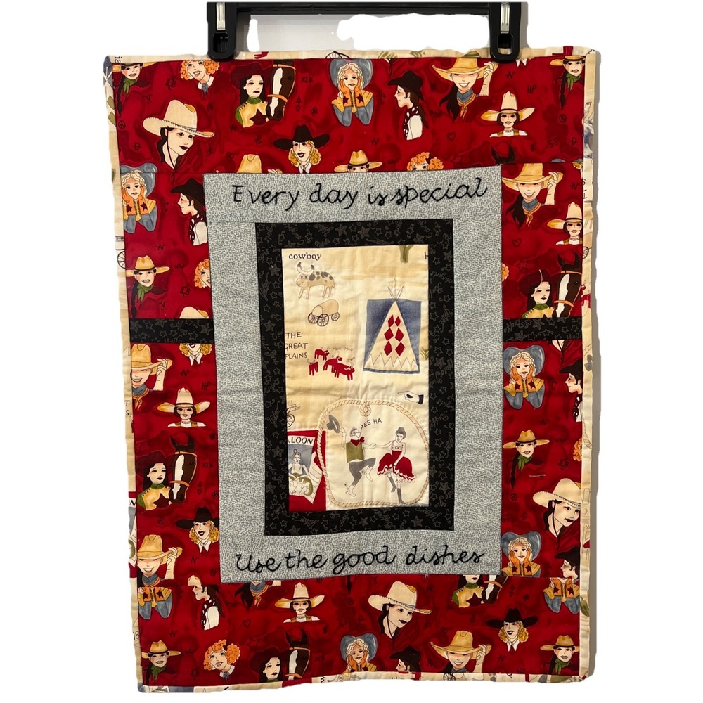 Quilted embroidered‎ western cowboy cowgirl wall hanging Two Sided 18.5" X 25.5"